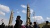 Domestically built missiles are displayed during the annual rally commemorating Iran's 1979 Islamic Revolution, in Tehran, Iran, Feb. 11, 2023.