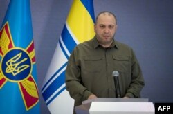 Ukraine's New Defense Minister Rustem Umerov speaks during his official introduction to the leadership of the ministry, the General Staff of the Armed Forces of Ukraine and others on September 7, 2023. (Ukrainian Presidential Press Service)