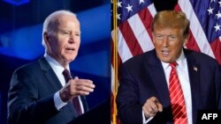Presiden AS Joe Biden saat kampanye di Pearson Community Center. Las Vegas, Nevada, 4 Februari 2024; dan calon presiden dari Partai Republik Donald Trump saat berbicara di Concord, New Hampshire, 19 Januari 2024. (Foto: AFP)