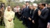 In this photograph released by Bangladesh Prime Minister's office, Prime Minister Sheikh Hasina, left, arrives to address a press conference following her election victory in Dhaka, Bangladesh, Jan. 8, 2024.