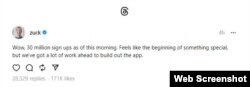 A Threads post from Meta CEO Mark Zuckerberg is seen in this screenshot taken on July 6, 2023.
