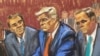El expresidente de EEUU, Donald Trump, aparece en audiencia de cargos de documentos clasificados, junto con sus abogados Chris Kise y Todd Blanche en Miami, Florida, el 13 de junio de 2023 en un boceto de la sala del tribunal. REUTERS/Jane Rosenberg