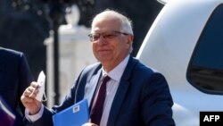 Perwakilan Tinggi Uni Eropa untuk Urusan Luar Negeri dan Kebijakan Keamanan Josep Borrell di Skopje, 14 Maret 2022. (Robert ATANASOVSKI / AFP)