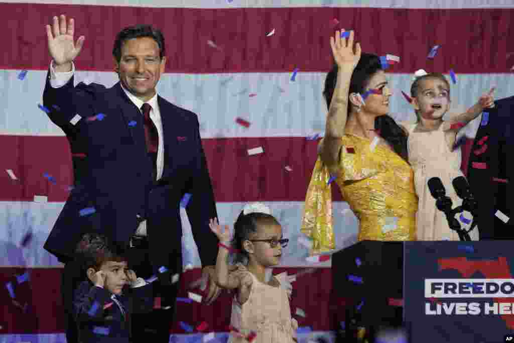 Incumbent Florida Republican Gov. Ron DeSantis, his wife Casey and their children on stage after speaking to supporters at an election night party after winning his race for reelection in Tampa, Nov. 8, 2022.