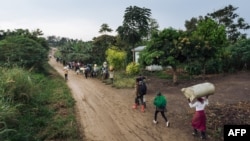 Des personnes déplacées fuient le lieu d'une attaque qui aurait été perpétrée par le groupe rebelle des ADF dans le village de Halungupa près de Beni, Nord-Kivu, en RDC, le 18 février 2020. (AFP/Alexis Huguet)