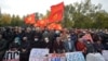Supporters of former Kyrgyzstan President Almazbek Atambayev attend a rally in Bishkek, Kyrgyzstan, on Oct. 9, 2020.