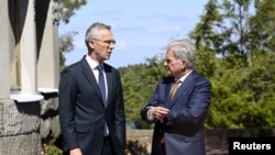 Finnish President Sauli Niinisto is meeting NATO Secretary-General Jens Stoltenberg during Kultaranta Talks, hosted by Finnish president in Naantali, Finland, June 12, 2022. (Lehtikuva/Markku Ulander via Reuters)