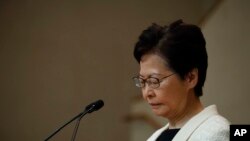 Hong Kong Chief Executive Carrie Lam reacts during a press conference in Hong Kong, Sept. 3, 2019. 