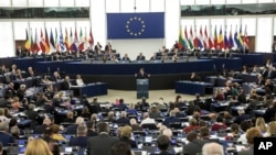 Le Parlement européen, lors d'un discours du président français Emmanuel Macron à Strasbourg, le 17 avril 2018. 
