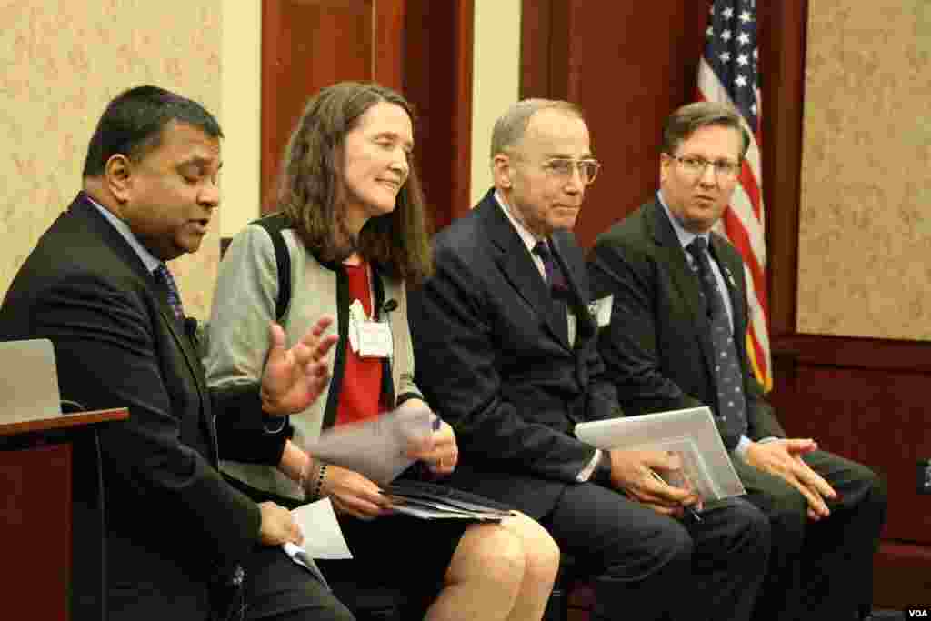 From left to right, (1) Satu Limaye, Director, East-West Center in Washinton, (2) Patricia Mahoney, Acting Deputy Assistant Secretary for Southeast Asia, US, Department of State, (3) Lieutenant Gen. Wallace Gregson, Jr. (Ret.), Former Assistant Secretary of Defense for Asian and Pacific Security Affairs, (4) Alex Feldman, President, US-ASEAN Business Council during 40th Anniversary Cebration of the US-ASEAN Partnership at Capitol Visitor Center on Tuesday May 16, 2017. (Seourn Vathana/VOA Khmer)