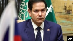 Menteri Luar Negeri Amerika Serikat Marco Rubio di Istana Diriyah, di Riyadh, Arab Saudi, Selasa, 18 Februari 2025. (Evelyn Hockstein/Pool Photo via AP)
