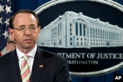 FILE - Deputy Attorney General Rod Rosenstein speaks during a news conference at the Department of Justice in Washington, Nov. 28, 2018.