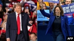 Kombinasi foto kampanye pada akhir pekan terakhir menjelang pemilu: Donald Trump (kiri) dan Kamala Harris (2/11). 