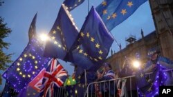 Demonstranti koji se zalažu za EU mašu zastavama pred zgradom parlamenta u Londonu, 9. septembra 2019.
