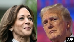 (FILES) (COMBO) This combination of pictures created on July 22, 2024 shows US Vice President Kamala Harris arriving for an event honoring National Collegiate Athletic Association (NCAA) championship teams from the 2023-2024 season, on the South Lawn of t
