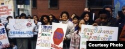 Cambodian refugees protested in the streets demanding better treatment and public services including interpretation service, in the Northwest Bronx, in late 1990s. (Courtesy photo of Chhaya Chhoum)