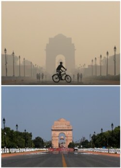 Perbandingan kualitas udara di sekitar Gerbang Peringatan Perang India pada 17 Oktober 2019 (atas) dan setelah 21 hari masa karantina nasional untuk memperlambat penyebaran virus COVID-19, di New Delhi, India, 8 April, 2020 (bawah).