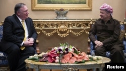U.S. Secretary of State Mike Pompeo, left, meets with Masoud Barzani, leader of the Kurdistan Democratic Party, in Arbil, Iraq, Jan. 9, 2019.
