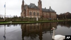 FILE - Exterior view of the International Court of Justice, or World Court, in The Hague, Netherlands, Feb. 2, 2018.