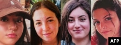 This combination of pictures created Jan. 24, 2025, shows posters of Israeli hostages, left to right, Liri Albag, Naama Levy, Karina Ariev and Daniella Gilboa, held in the Gaza Strip since the Oct. 7, 2023 attack by Hamas militants.
