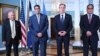 FILE - From left, Marshall Islands Foreign Minister Jack Ading, Micronesia President Wesley Simina, U.S. Secretary of State Antony Blinken and Palau President Surangel Whipps speak with reporters at the State Department in Washington, Sept. 26, 2023.