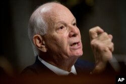 FILE - Sen. Ben Cardin, D-Md. is seen during a Senate Foreign Relations Committee hearing on Capitol Hill to review the Iran nuclear agreement, July 23, 2015.