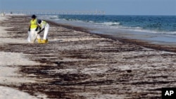 Para petugas tampak tengah membersihkan minyak di pantai Pensacola, Florida, akibat insiden tertumpahnya minyak dari Teluk Meksiko, 23 Juni 2010 (Foto: dok). Perusahaan Halliburton Energy Services didenda $200 ribu setelah mengaku bersalah menghancurkan bukti terkait insiden tersebut, Kamis (25/7).