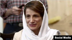 FILE - Iranian human rights lawyer Nasrin Sotoudeh is seen in an undated social media photo. Sotoudeh was arrested in Tehran on Oct. 29, 2023, for not wearing a head scarf and "disturbing the society's mental security," according to Local Fars news agency.