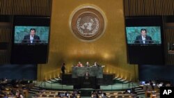 Cambodia's Prime Minister Hun Sen addresses the 73rd session of the United Nations General Assembly, at U.N. headquarters, Friday, Sept. 28, 2018. (AP Photo/Richard Drew)
