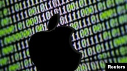 A 3-D-printed Apple logo is seen in front of a displayed cyber code in this illustration taken March 22, 2016. 