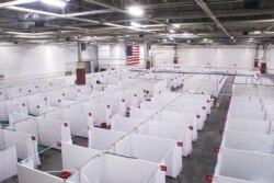 An overhead view shows a field hospital known as an Alternate Care Facility set up at the state fair ground as cases of coronavirus disease (COVID-19) cases spike in the state near Milwaukee, Wisconsin, U.S., Oct. 12, 2020.