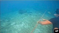 Seorang penyelam memotong tali yang mengikat penghalang apung di laguna Scarborough Shoal yang menghalangi kapal-kapal nelayan Filipina untuk memasuki laguna di kawasan yang disengketakan di Laut China Selatan, Selasa, 26 September 2023. (Foto: Garda Pantai Filipina via AP)
