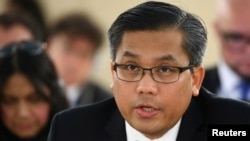 Duta Besar Myanmar Kyaw Moe Tun berpidato di depan Dewan Hak Asasi Manusia PBB di Perserikatan Bangsa-Bangsa di Jenewa, Swiss, 11 Maret 2019. (Foto: Reuters)