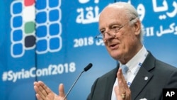 FILE - U.N. Special Envoy Staffan de Mistura addresses reporters during a conference on Syria at the EU Council in Brussels, April 25, 2018.