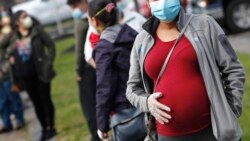 Seorang perempuan hamil mengenakan masker dan sarung tangan memegang perutnya saat mengantre untuk membeli bahan makanan di Gereja St. Mary di Waltham, Massachussetts, 7 Mei 2020. (Foto: AP)