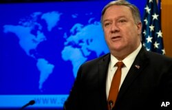 Menteri Luar Negeri AS Mike Pompeo berbicara dalam acara peluncuran Laporan Praktik HAM di Berbagai Negara 2018 di Departemen Luar Negeri AS di Washington, 13 Maret 2019.