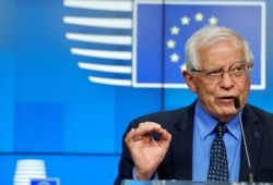 FILE - European Union foreign policy chief Josep Borrell speaks during a news conference at the European Council building, in Brussels, May 10, 2021.