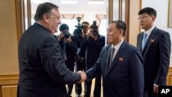 Menlu AS Mike Pompeo berjabat tangan dengan Kim Yong-chol, penasihat senior pemimpin Korut di Pyongyang,7 Juli 2018.(Foto: dok) 