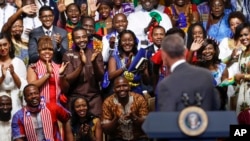 FILE - President Barack Obama is welcomed by the Young African Leaders Initiative as they shout "happy birthday," in Washington, Aug. 3, 2016.