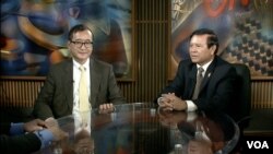 Opposition leaders Sam Rainsy and Kem Sokha in VOA Studio In Washington, DC.