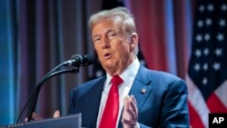 Новообраний президент Дональд Трамп виступає під час зустрічі з представниками Республіканської партії у Палаті представників 13 листопада 2024 року у Вашингтоні. (Allison Robbert/AP)