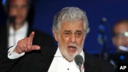 FILE - Opera singer Placido Domingo performs during a concert in Szeged, Hungary, Aug. 28, 2019.