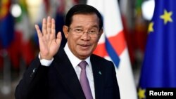 In this photo taken on Oct. 18, 2018, Cambodia's Prime Minister Hun Sen arrives at the ASEM leaders summit in Brussels, Belgium.