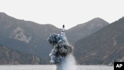 Foto rudal balistik yang diluncurkan dari kapal selam di Pyongyang, 24 April 2016. 
