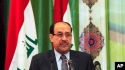 PM Irak Nouri al-Maliki saat menyampaikan sambutan dalam sebuah konferensi di Baghdad, 27 April 2013 (Foto: dok). 