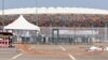 Barriers on the ground at the scene of the stampede are seen at the entrance of Olembe stadium in Yaounde, Jan. 25, 2022. Eight people were killed and many more injured in a crush outside a Cameroonian football stadium, Jan. 24, 2022, before an Africa Cup