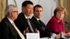 欧盟委员会主席容克（左一）、中国国家主席习近平（左二）、法国总统马克龙（右二） 和德国总理默克尔2019年3月26日在法国巴黎爱丽舍宫出席记者会。