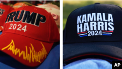Campaign merchandise for the 2024 presidential campaigns of former President Donald Trump and Vice President Kamala Harris.